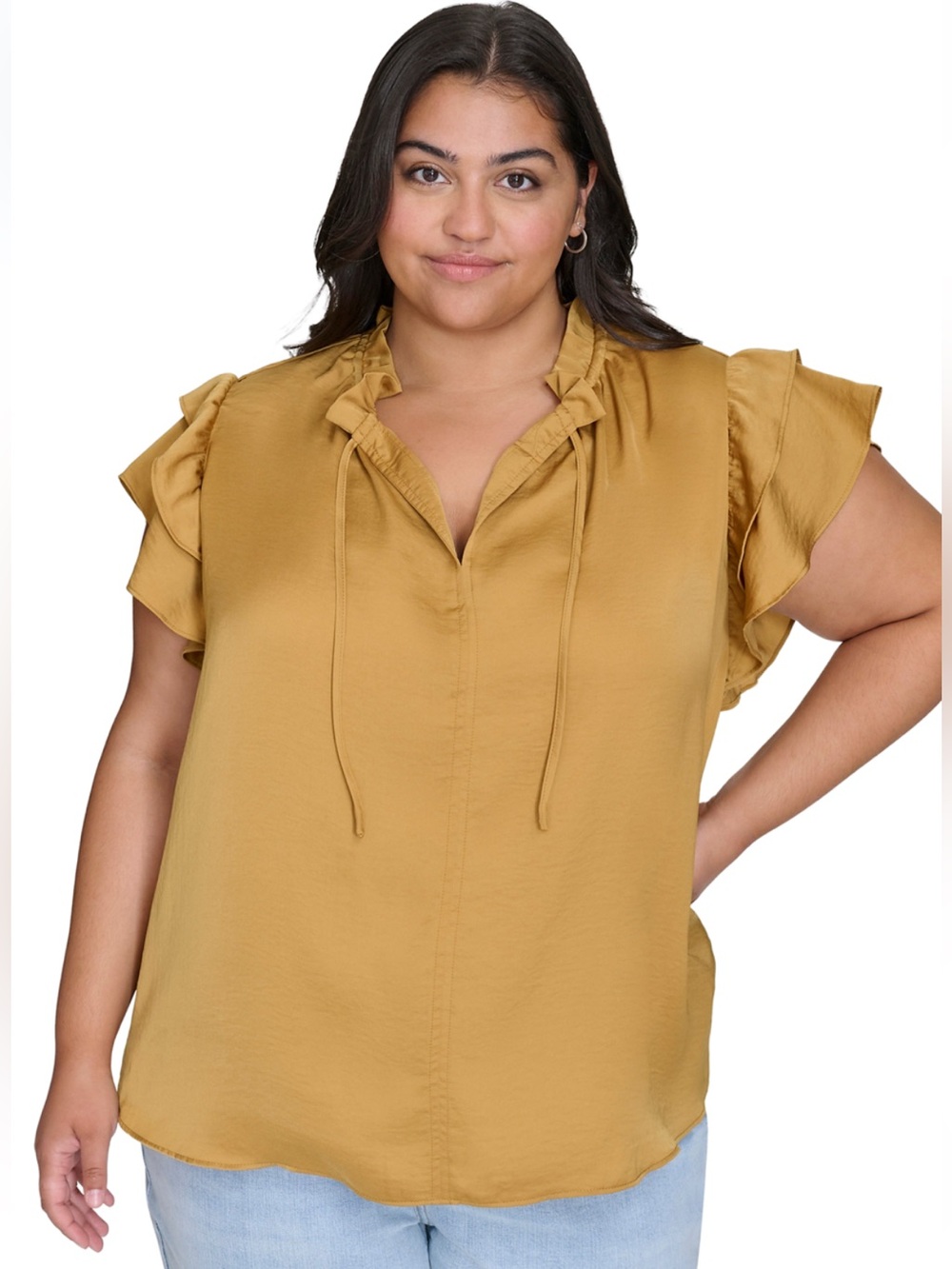 NWT DKNY Jeans Plus Size Ruffle Neck Top Flutter Seeds Golden Yellow Women’s 3X